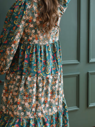 Green Paisley Mixed Print Midi Dress