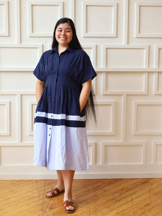 Navy and Blue Pleated Button Down Shirt Dress