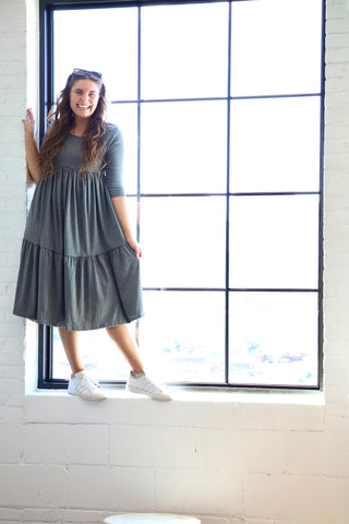 Charcoal Gray Knit Essential Tiered Midi Dress