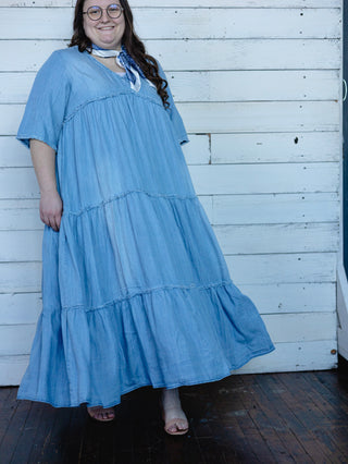 Washed Denim Tiered Fringe Dress