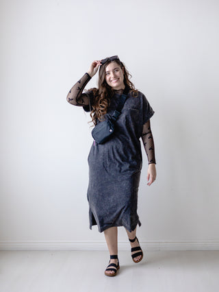 Black Acid Wash Short Sleeve T-Shirt Dress
