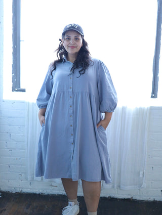 Light Gray Collared Button Up Plus Midi Dress