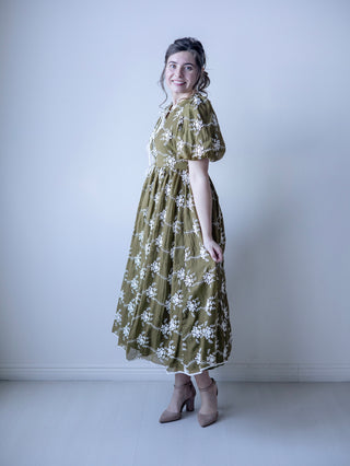 Olive Green Embroidered Bow Midi Dress