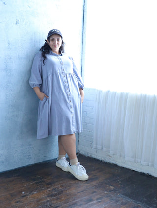 Light Gray Collared Button Up Plus Midi Dress