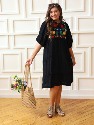 Black Floral Embroidered Vacation Midi Dress