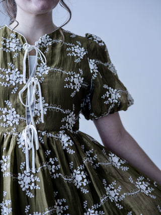 Olive Green Embroidered Bow Midi Dress
