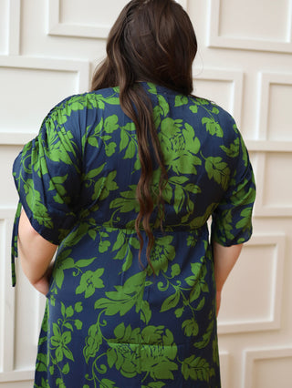 Navy and Green Satin Kimono Dress
