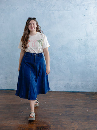 Fit and Flair A-Line Denim Midi Skirt
