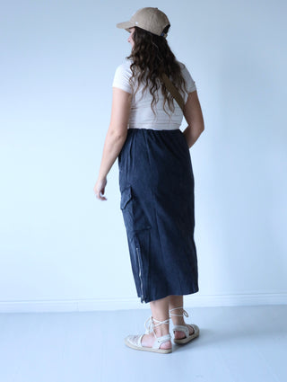 Acid Wash Denim Maxi Cargo Skirt