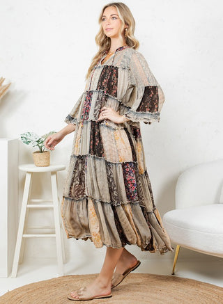 Boho Latte and floral Lace Patchwork Midi Dress