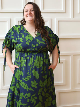 Navy and Green Satin Kimono Dress