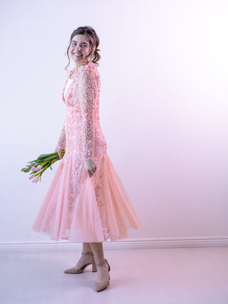 Pretty in Pink Vintage Lace Appliqué and Tulle Midi Dress