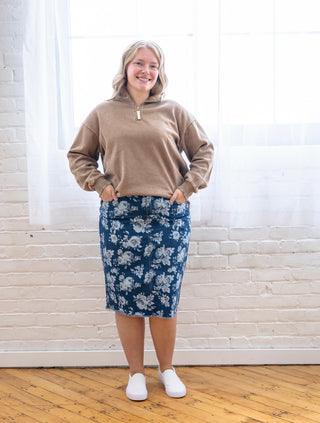 Rose Print Denim Midi Skirt