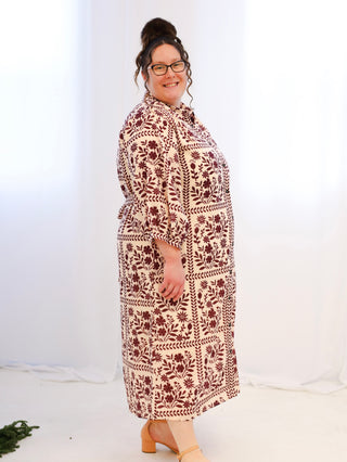 Burgundy and Cream Floral Midi Dress