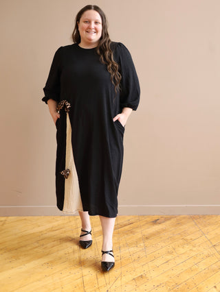 Black and Cream Pleat Dress with Leopard Bows