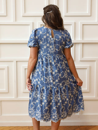 Denim Blue Eyelet Embroidered Midi Dress