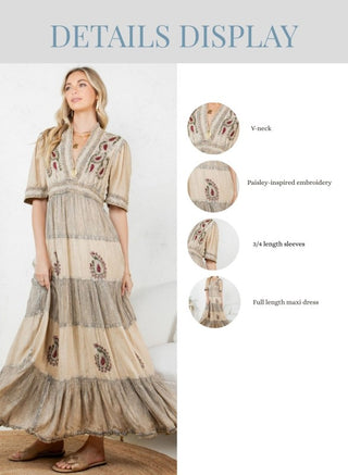 Boho Creamy Latte Maxi Dress with Paisley Detail