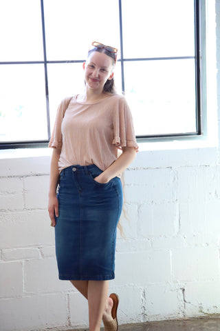 Cassie Distressed Denim Midi Skirt