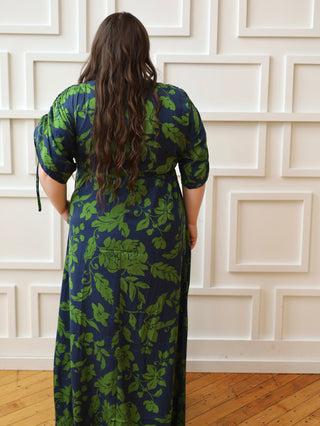Navy and Green Satin Kimono Dress
