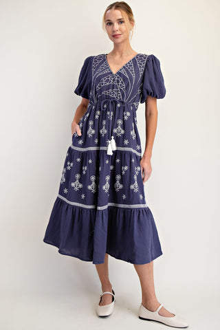 Navy and White Embroidered Midi Dress
