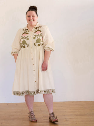 Ferns and Flowers Olive and Cream Embroidered Midi Dress