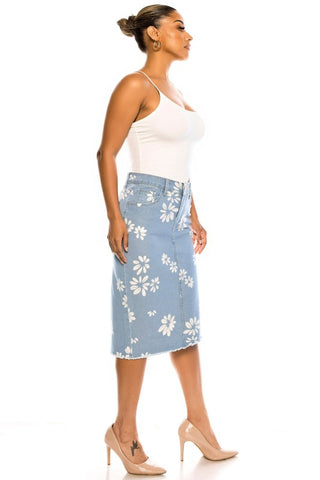 Daisy Print Denim Midi Skirt