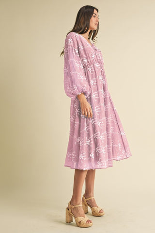 Luxe Embroidered Mauve Midi Dress