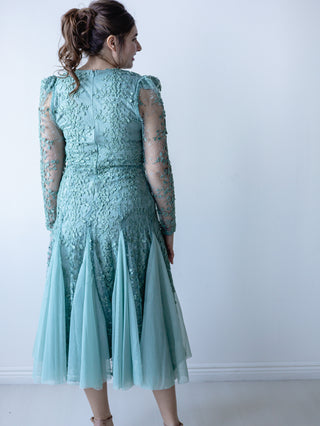 Sage Vintage Lace Appliqué and Tulle Midi Dress