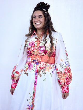 Floral and White Collar Dress with Belt