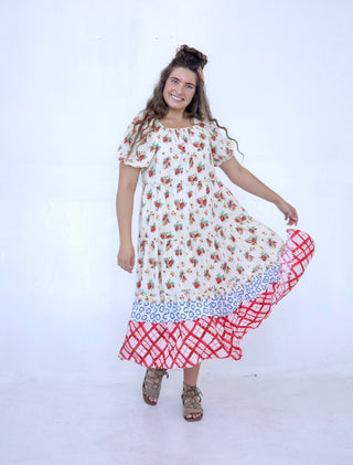 Rose Floral Colorblock Midi Dress