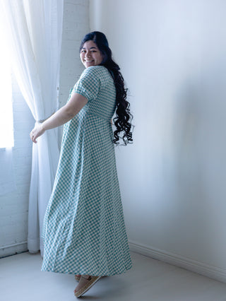 Teal Gingham Smocked Maxi Dress