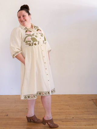 Ferns and Flowers Olive and Cream Embroidered Midi Dress