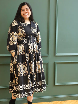 Gold and Black Tile Print Dress with Zipper Detail