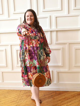 Paisley Green and Pink Colorblock Dress