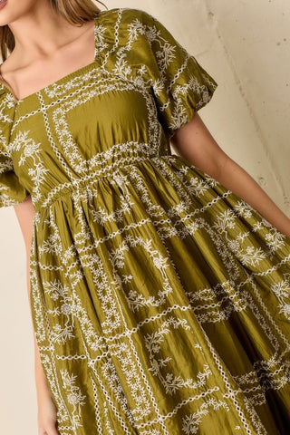 European Summer Olive Eyelet Midi Dress