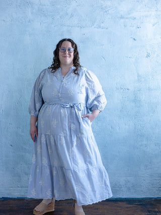 Light Blue Pinstripe Embroidered Maxi Dress