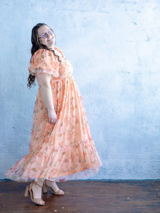 Peach Floral Tulle Maxi Dress