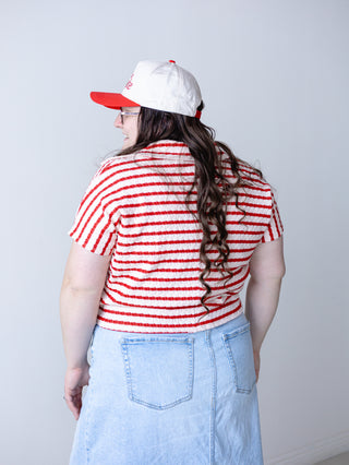 Red and Cream Striped Collared Top