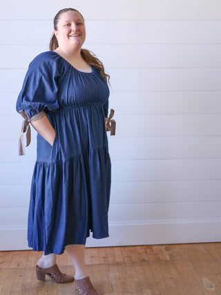 Denim Tiered Gingham Bow Dress