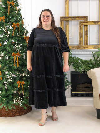Black Velvet Ruffle Maxi Dress