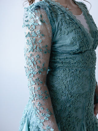 Sage Vintage Lace Appliqué and Tulle Midi Dress