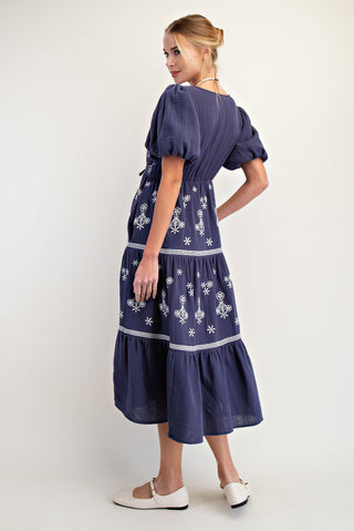 Navy and White Embroidered Midi Dress