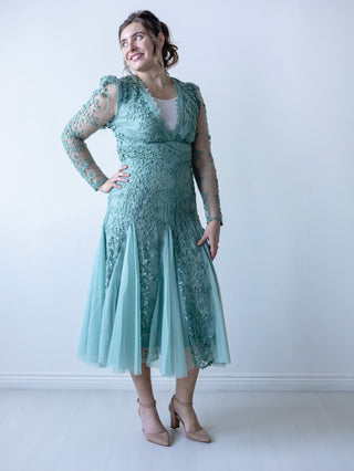 Sage Vintage Lace Appliqué and Tulle Midi Dress