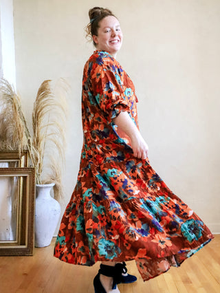Harvest Orange and Teal Floral Maxi Dress