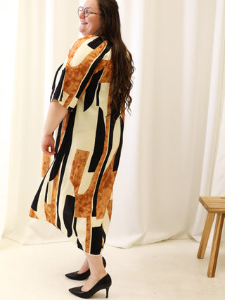 Calico Black and Brown Abstract Midi Dress