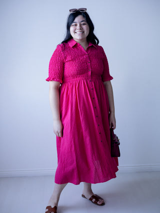 Pink and Red Gingham Smocked Midi Dress