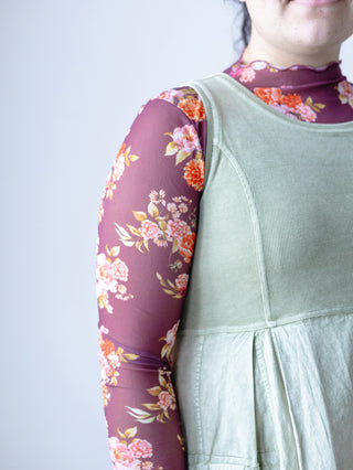 Burgundy Floral Print Mesh Layering Top