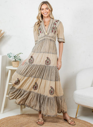 Boho Creamy Latte Maxi Dress with Paisley Detail