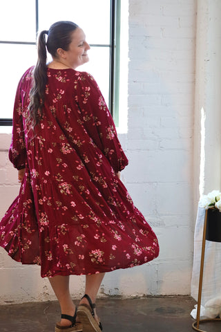Burgundy Floral Tiered Midi Dress