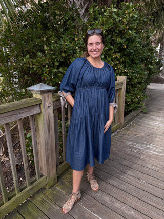 Denim Tiered Gingham Bow Dress